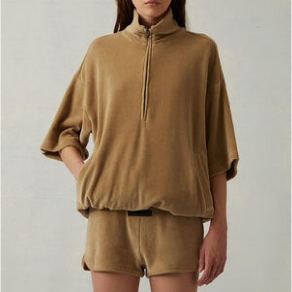 Essentials Fear of God Tan Velour Sweatshirt Womens Small 1/2 Zip